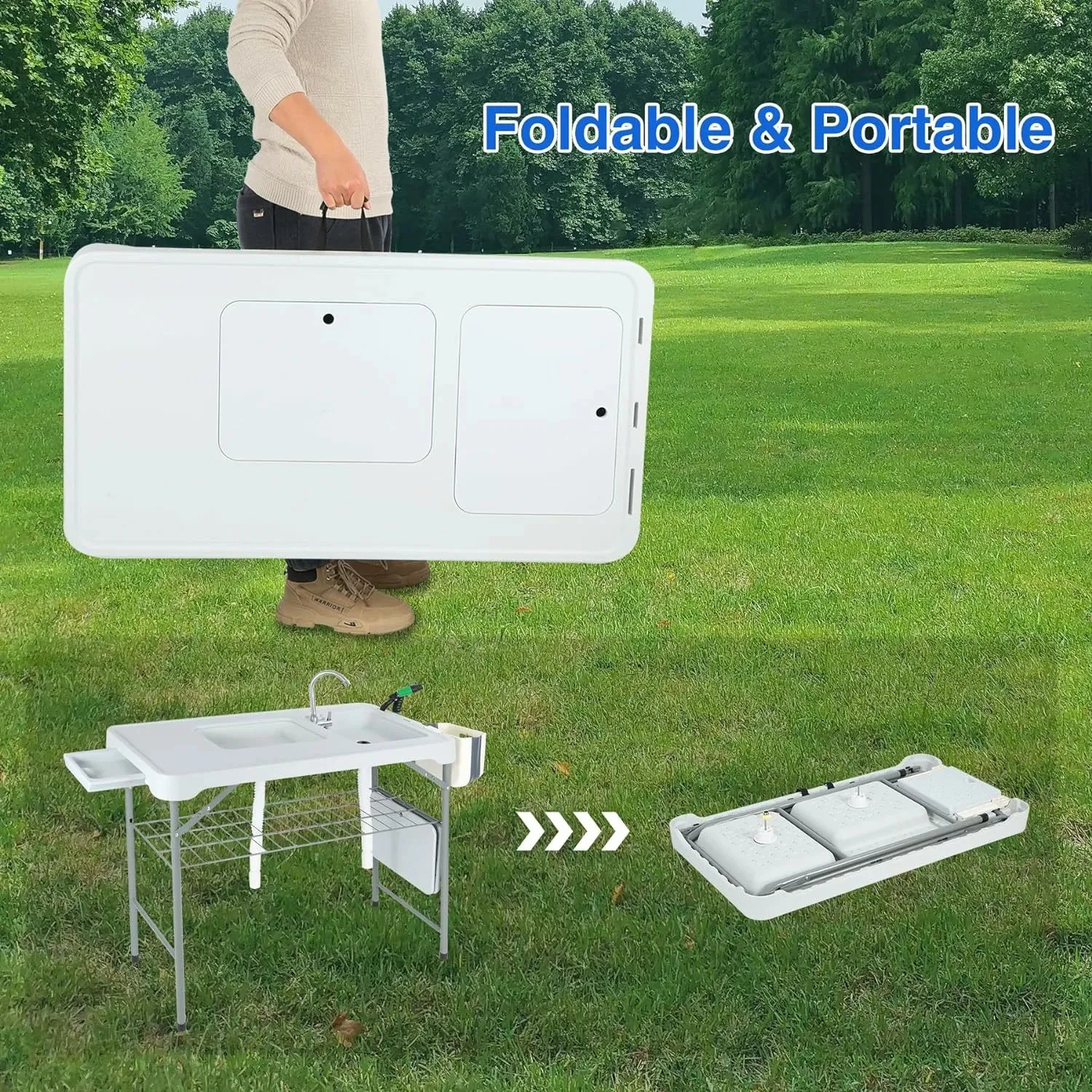 Portable Folding Fish Cleaning Table with Double Sink & Faucet