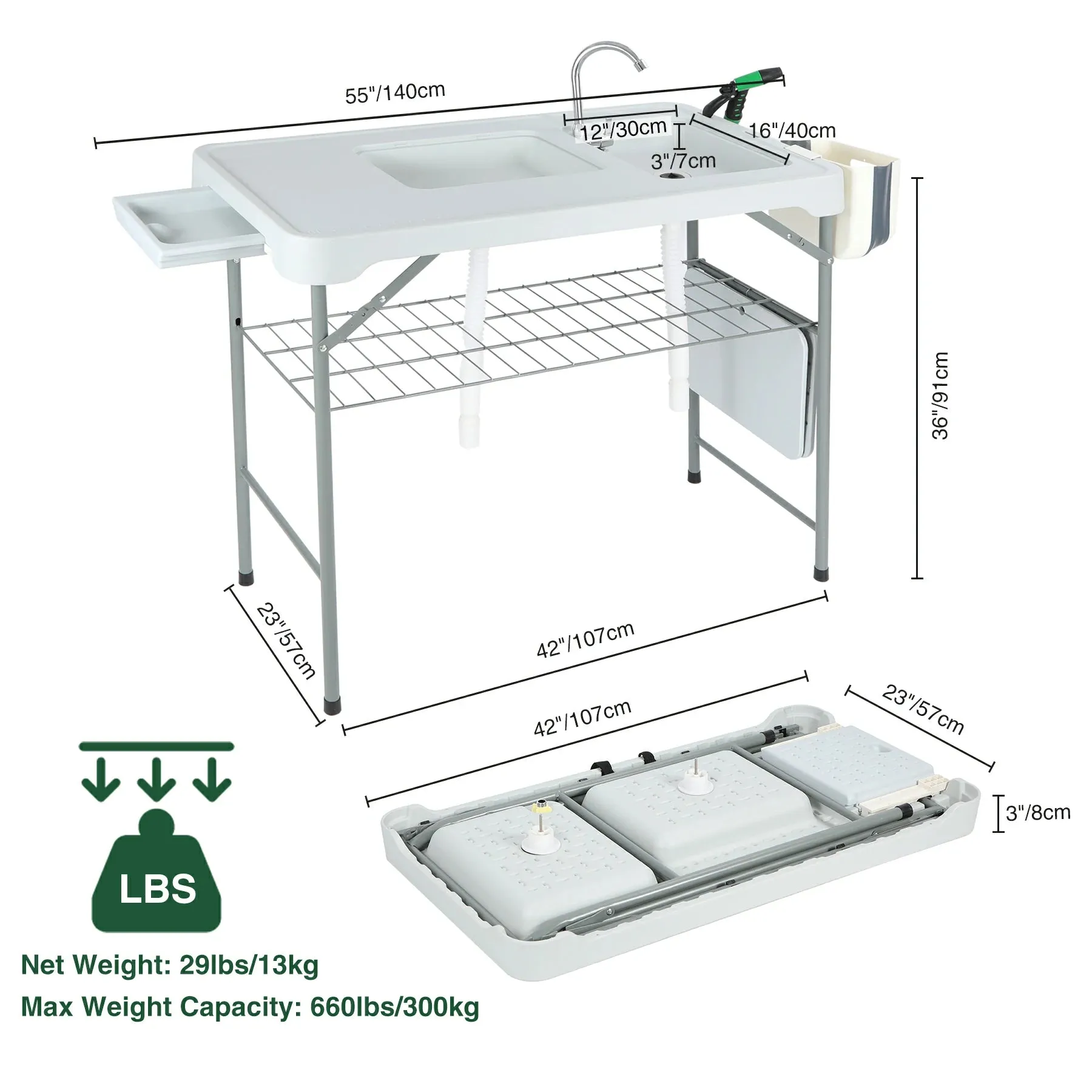 Portable Folding Fish Cleaning Table with Double Sink & Faucet