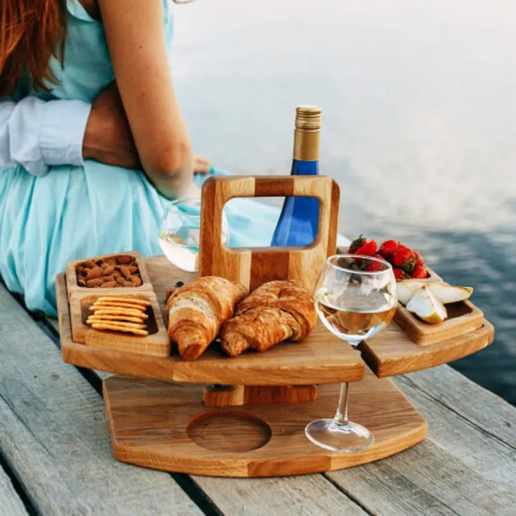 Portable Picnic Wooden Wine Glass Holder Detachable Wine Table(Wood Color)