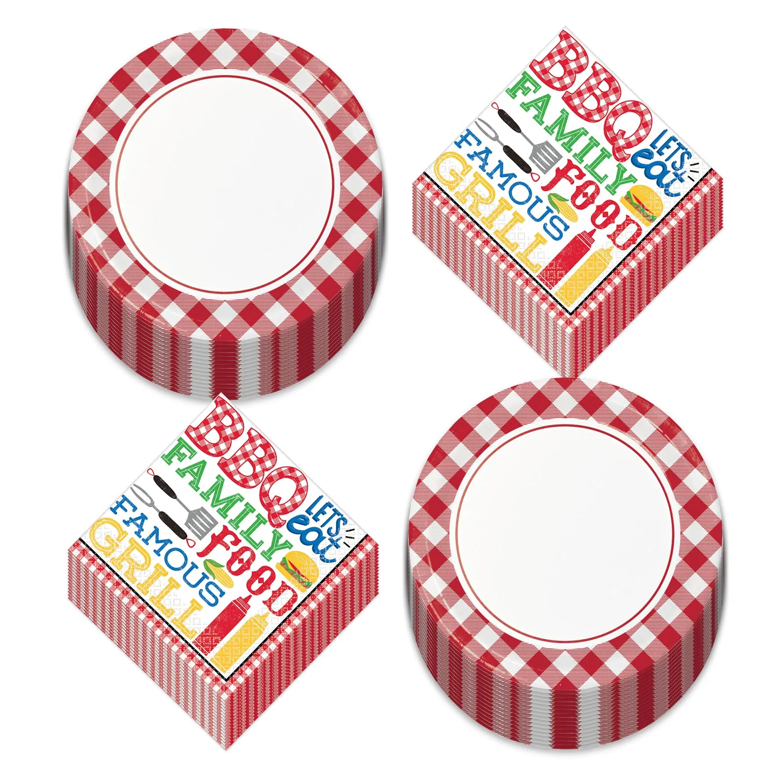 Red and White Checkered Plaid Picnic Party Round Paper Dinner Plates with BBQ Grill Lunch Napkins (Serves 32)