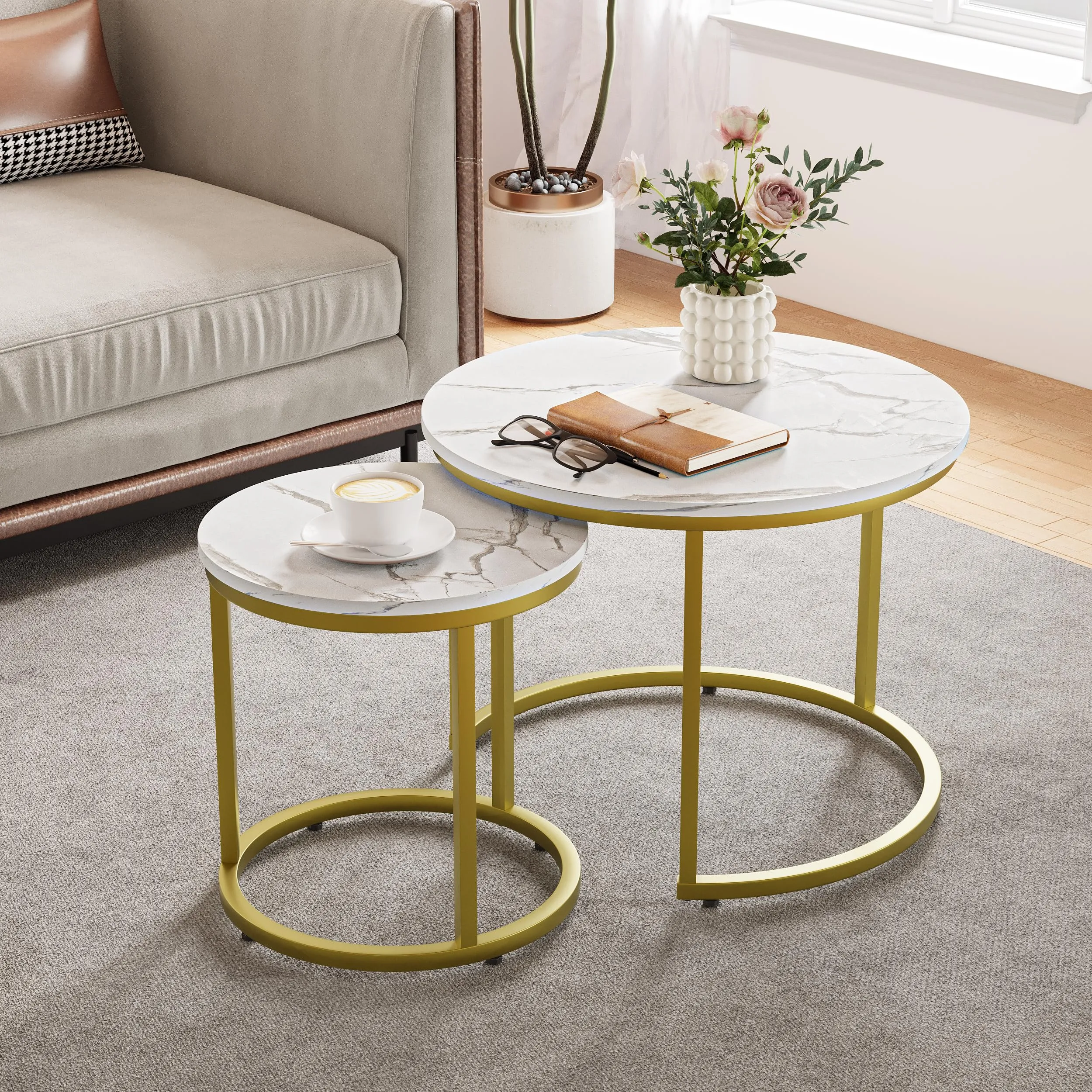 Smuxee White Nesting Coffee Table Set of 2, 23.6“ Round Coffee Table Wooden Marble Pattern with Adjustable Non-Slip Feet, Industrial End Table for Living Room Bedroom Balcony Gold