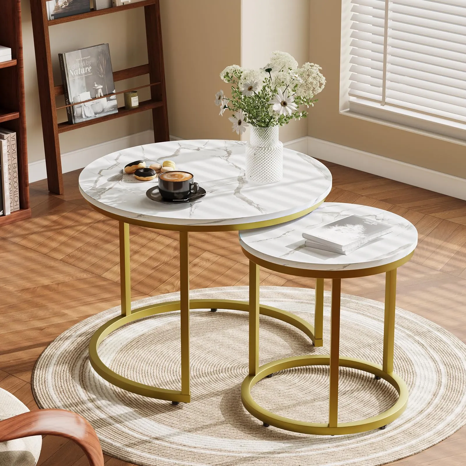 Smuxee White Nesting Coffee Table Set of 2, 23.6“ Round Coffee Table Wooden Marble Pattern with Adjustable Non-Slip Feet, Industrial End Table for Living Room Bedroom Balcony Gold