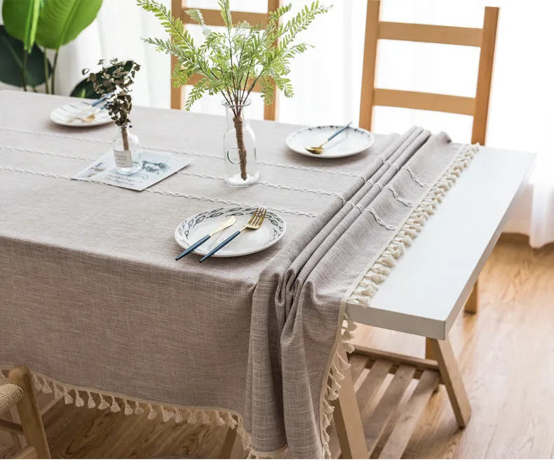 Tassel Embroidered Cotton Linen Tablecloth Cloth Rectangular Table Cloth