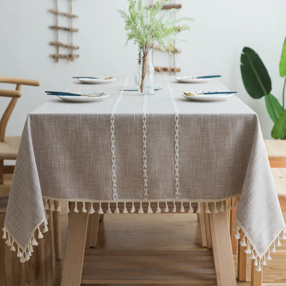 Tassel Embroidered Cotton Linen Tablecloth Cloth Rectangular Table Cloth