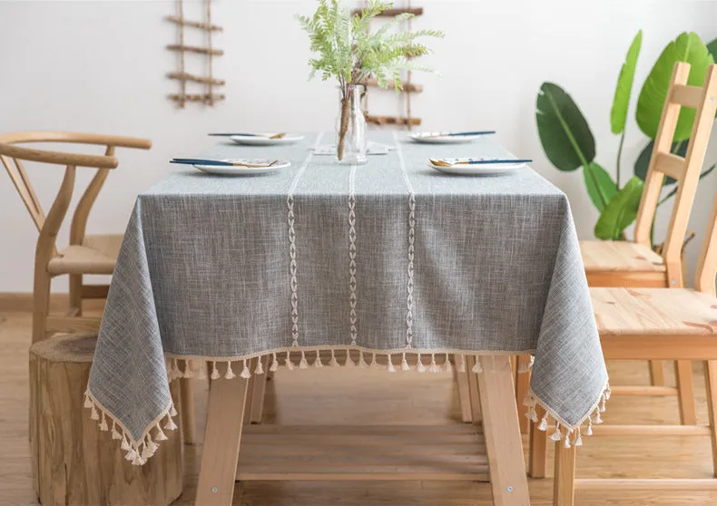 Tassel Embroidered Cotton Linen Tablecloth Cloth Rectangular Table Cloth