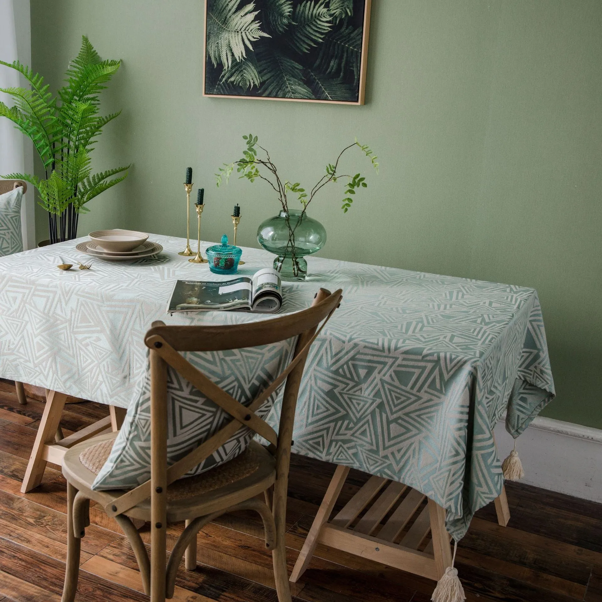 Tassel Jacquard Green Tablecloth Dining Table Cloth Rectangular Square