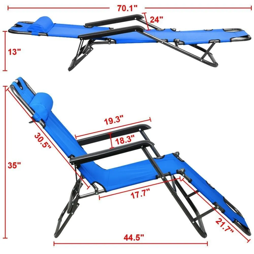 Topeakmart Portable 70inch Chaise Lounge Chair Bed Folding Camping Recliner with Adjustable Pillow for Outdoor Patio Pool Beach (Blue)