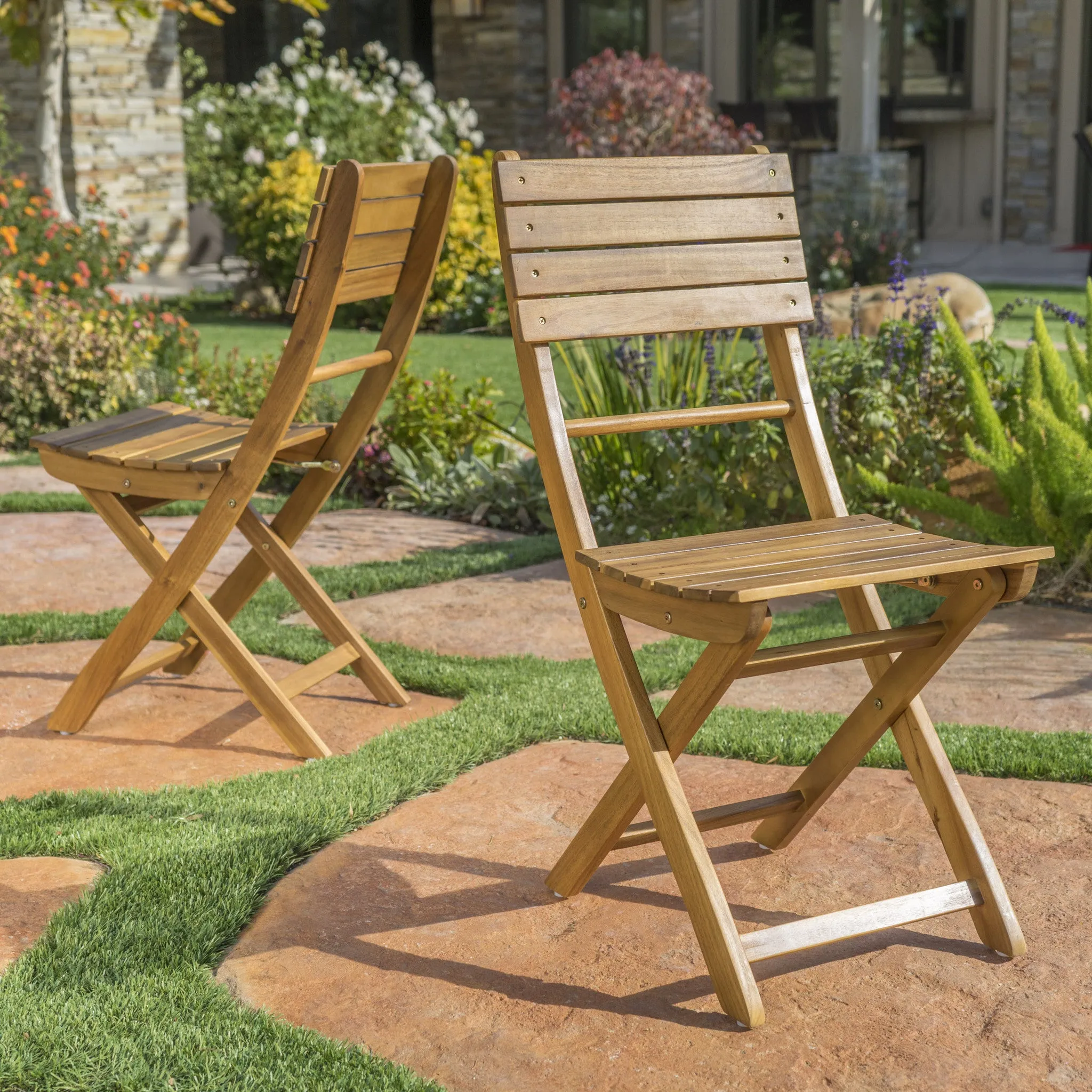 Vicaro Outdoor Natural Finish Acacia Wood Foldable Dining Chairs (Set of 2)