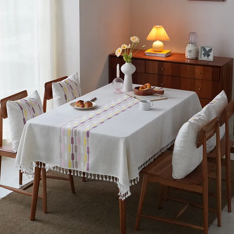 White Cotton Linen Restaurant Tassel Tablecloth Rectangular Table Cover