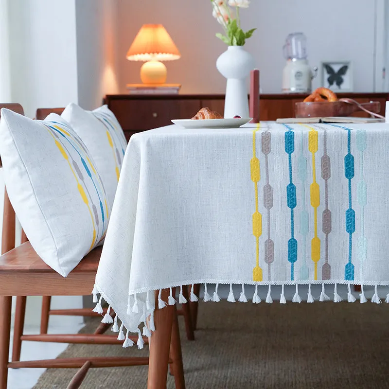 White Cotton Linen Restaurant Tassel Tablecloth Rectangular Table Cover